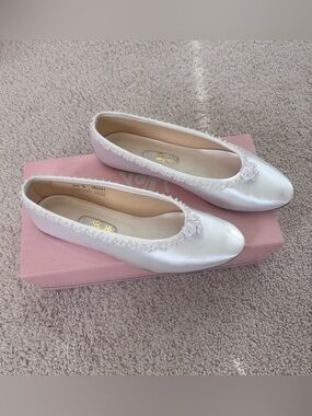 Satin White Dyeable Bridal Ballet Flats with Pearl Trim